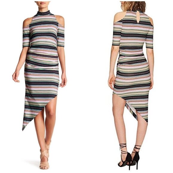 Artelier Nicole Miller Sz S Striped Mock Neck Cold Shoulder Asymmetrical Dress - Picture 10 of 11
